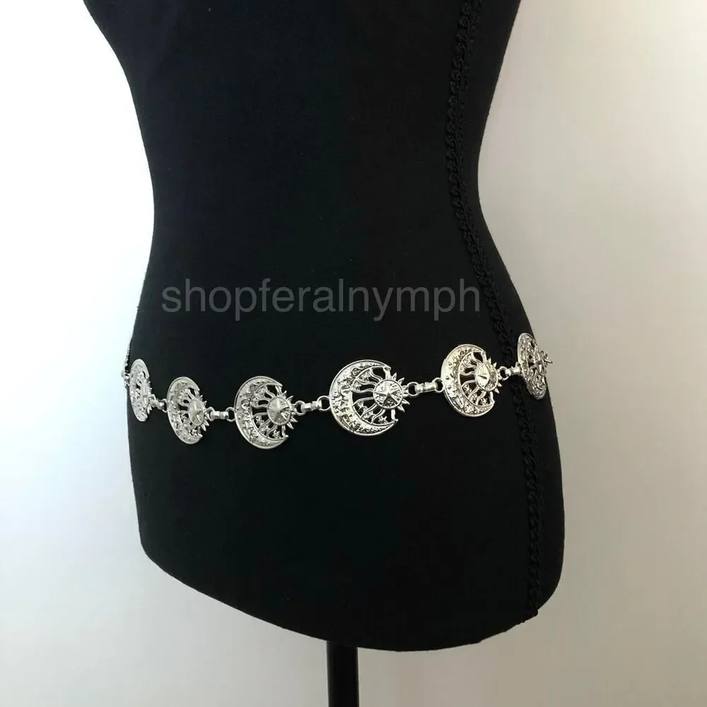 Vintage Y2K Celestial Silver Sun and Moon Chain Belt, 19.5–39 Inches, X7GA1149
